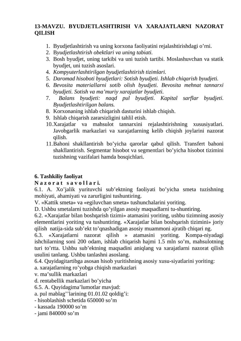 BYUDJETLASHTIRISH VA XARAJATLARNI NAZORAT QILISH 1