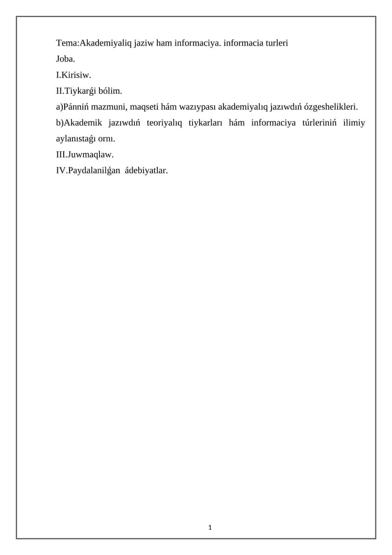 Akademiyalıq jaziw (Academic Writing) 1