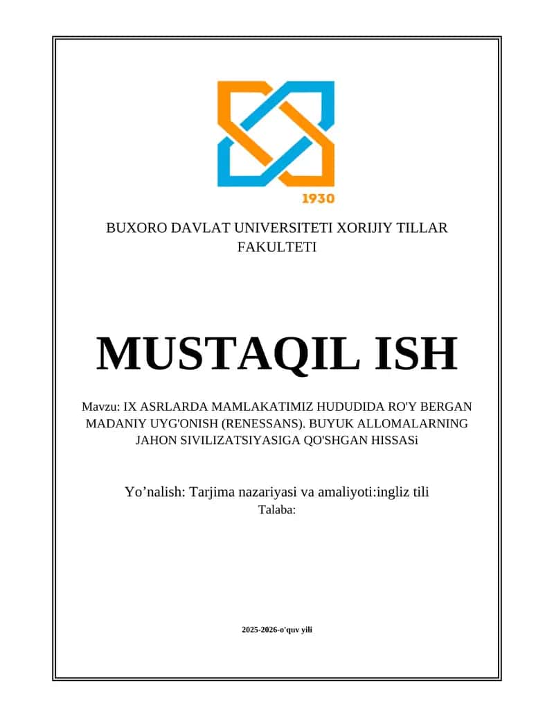 IX ASRLARDA MAMLAKATIMIZ HUDUDIDA RO'Y BERGAN MADANIY UYG'ONISH (RENESSANS) 1
