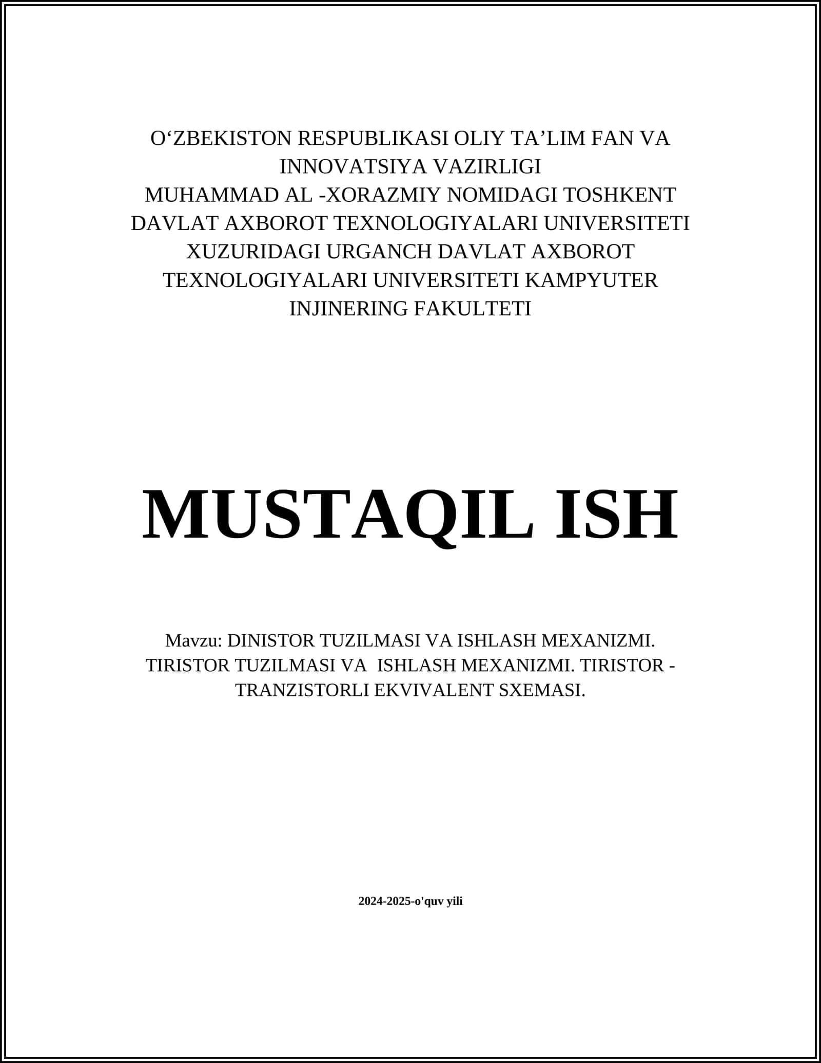 DINISTOR TUZILMASI VA ISHLASH MEXANIZMI. TIRISTOR TUZILMASI VA ISHLASH MEXANIZMI. TIRISTOR - TRANZISTORLI EKVIVALENT SXEMASI 1