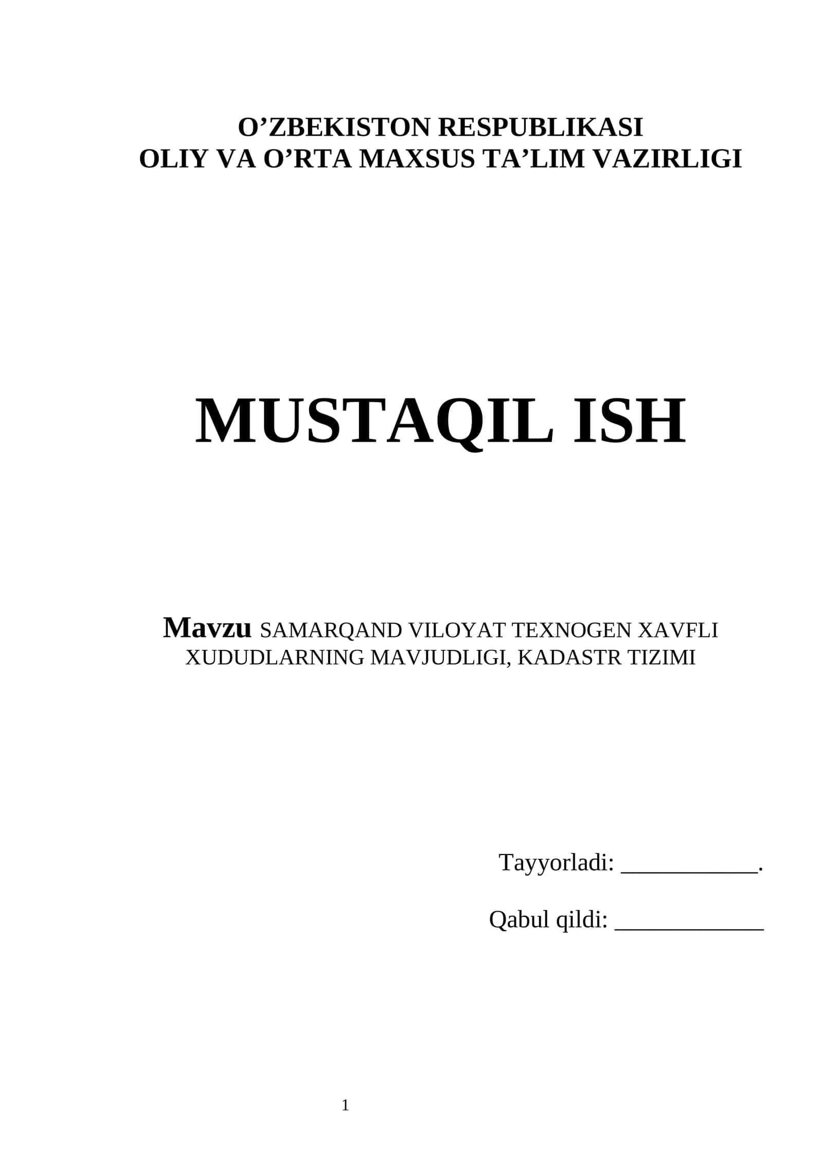SAMARQAND VILOYAT TEXNOGEN XAVFLI XUDUDLARNING MAVJUDLIGI, KADASTR TIZIMI 1