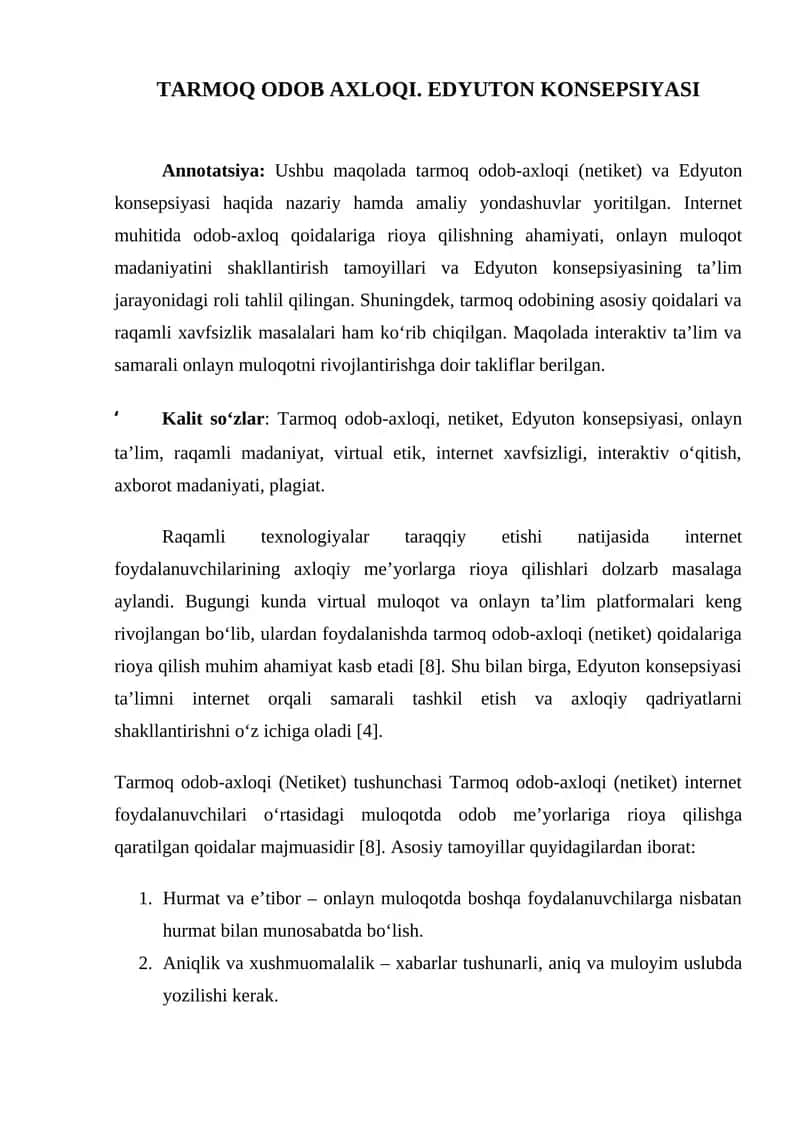 Tarmoq Odob-Axloqi. Edyuton Konsepsiyasi 1
