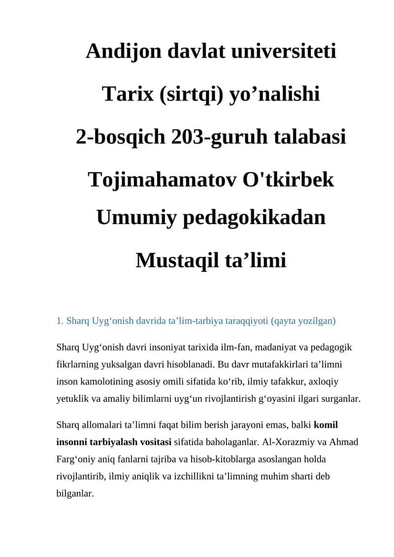 Sharq Uyg‘onish davri ta’lim-tarbiya taraqqiyoti 1