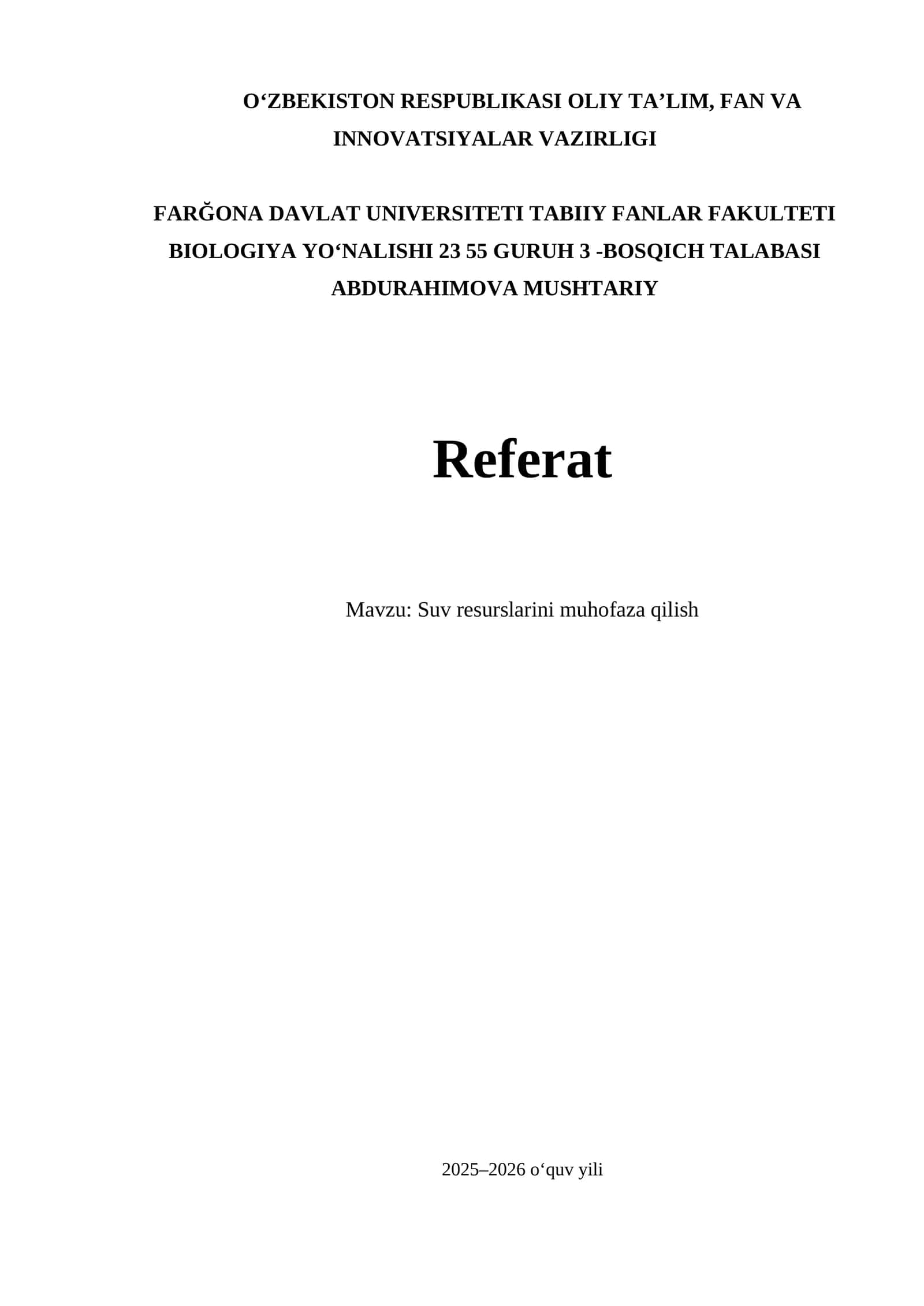 Suv resurslarini muhofaza qilish Referat 1