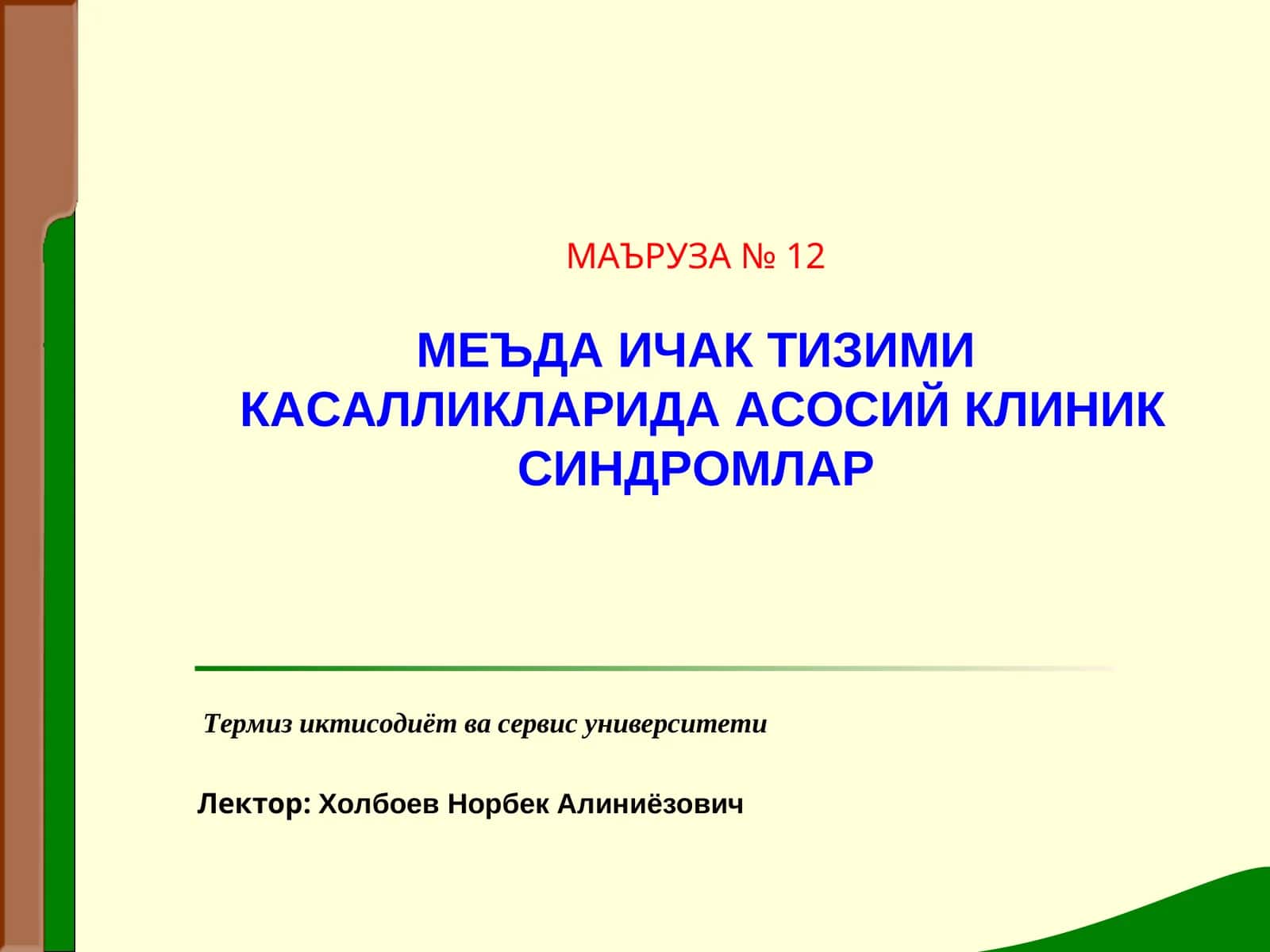 МЕЪДА ИЧАК ТИЗИМИКАСАЛЛИКЛАРИДА АСОСИЙ КЛИНИК СИНДРОМЛАР 1