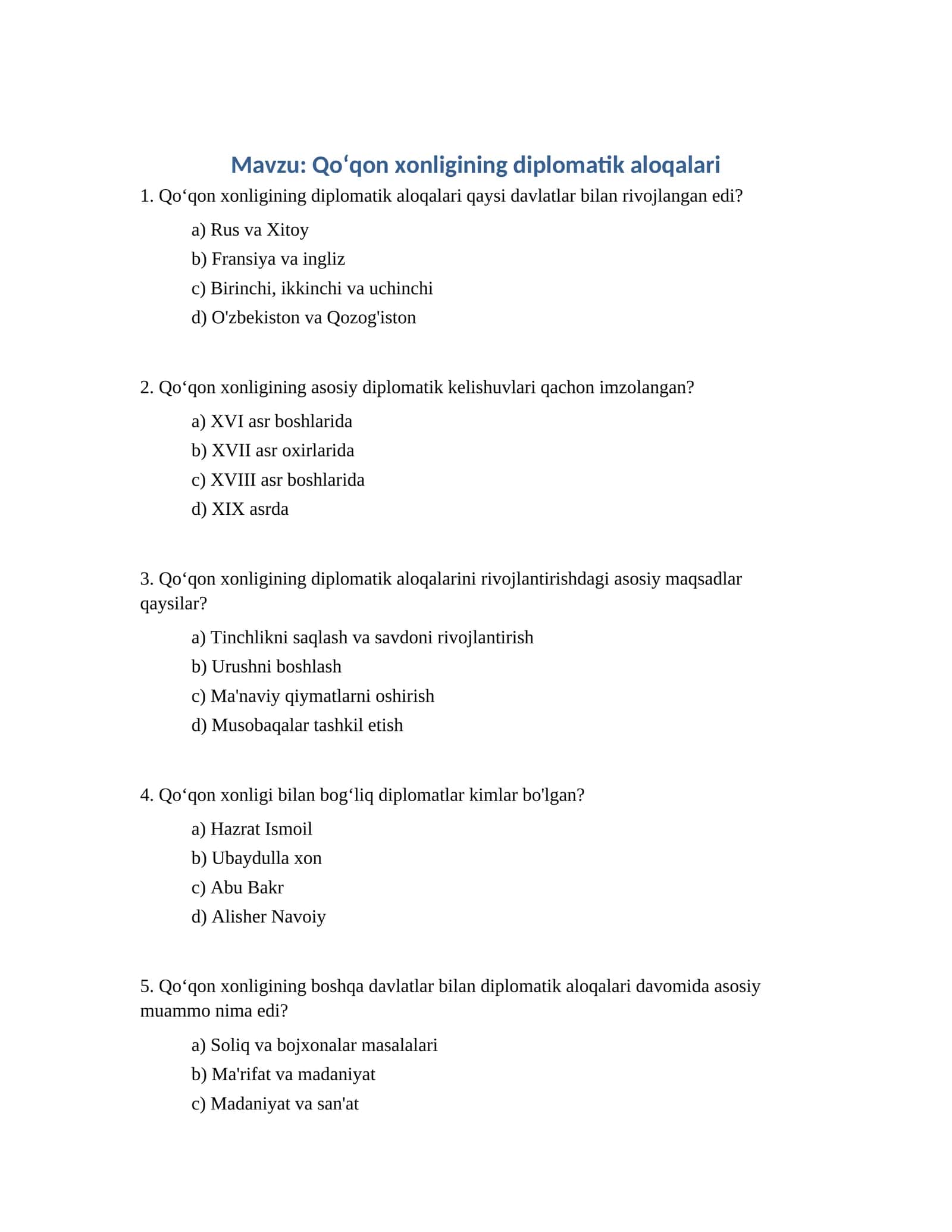 Qoʻqon xonligining diplomatik aloqalari 1