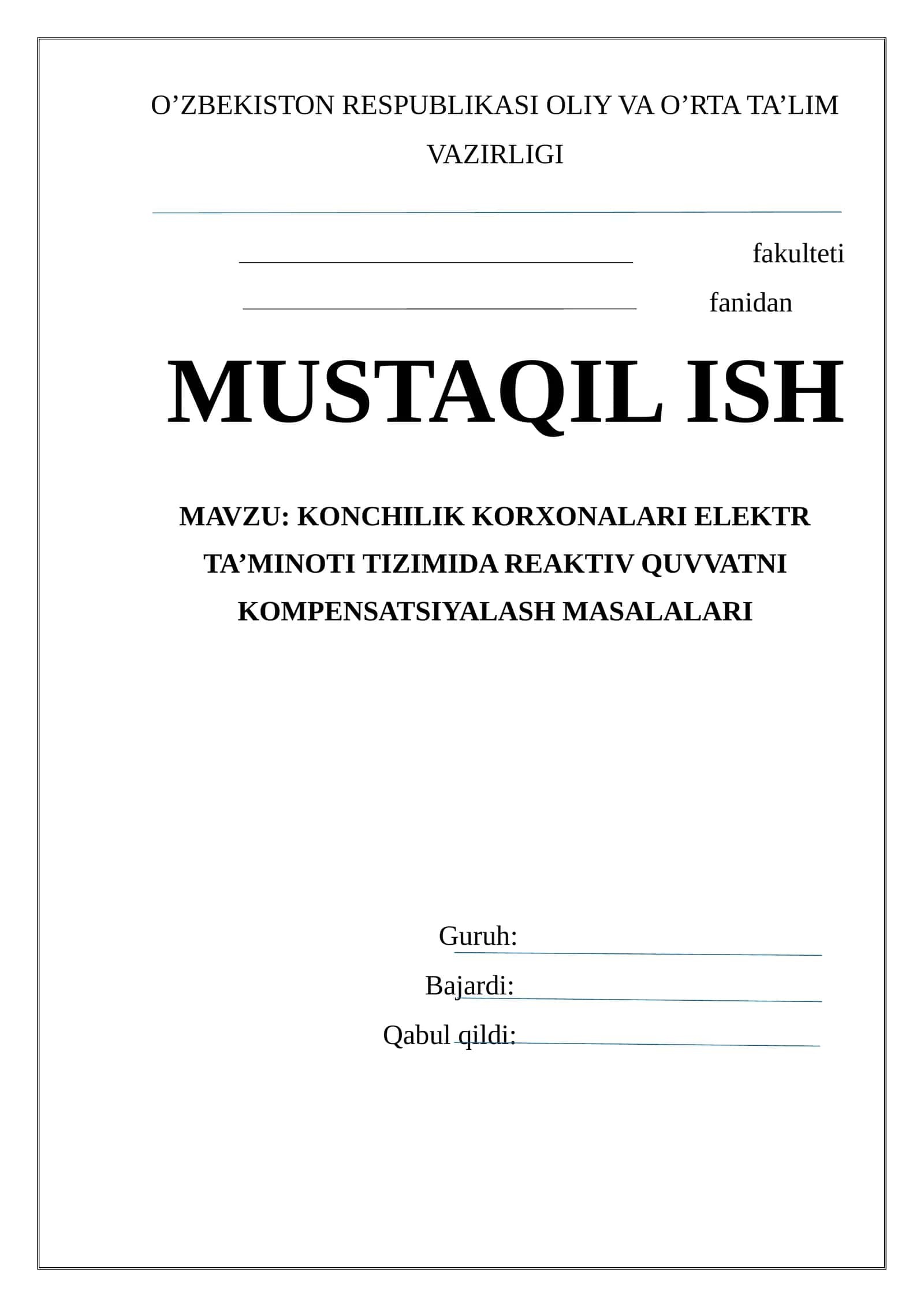 konchilik korxonaslari elektr tarmog'ida Reaktiv quvvat kompensatsiyasi 1
