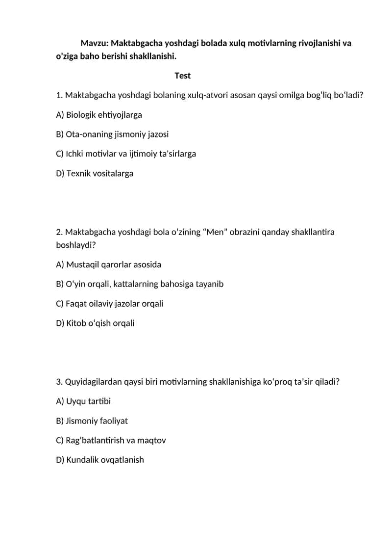 Maktabgacha yoshdagi bolada xulq motivlarning rivojlanishi va o'ziga baho berishi shakllanishi 1