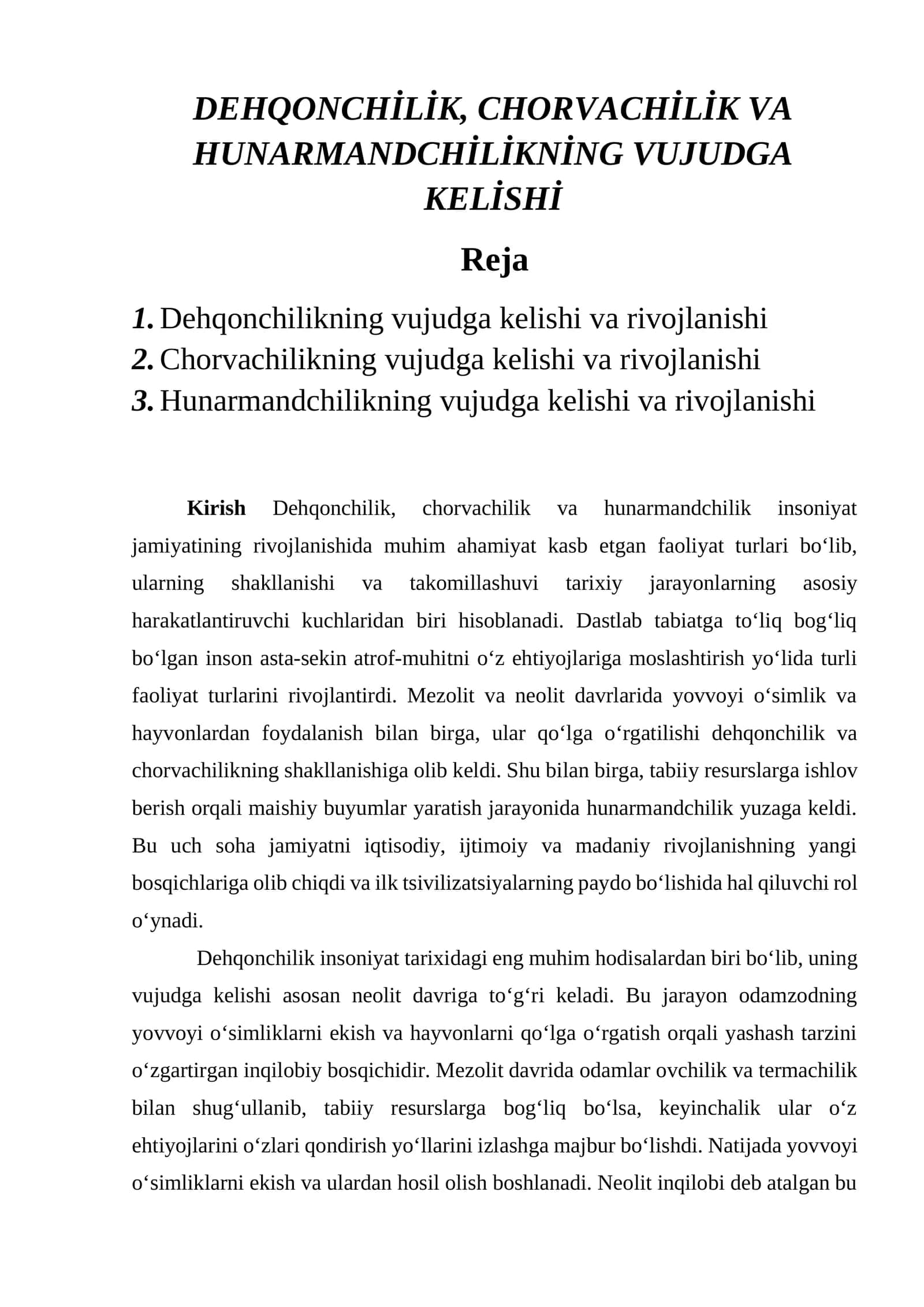 Dehqonchilik, chorvachilik va hunarmandchilikning vujudga kelishi 1