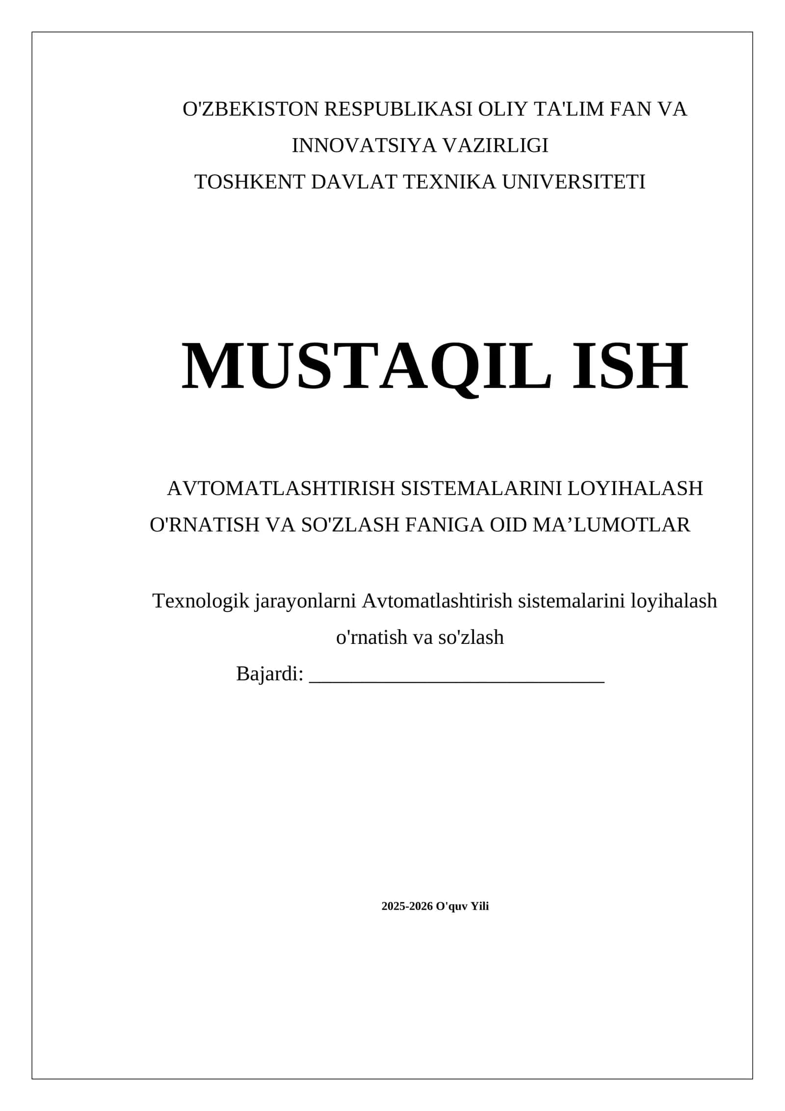Avtomatlashtirish Sistemalarini Loyihalash O'rnatish va So'zlash Faniga oid Ma'lumotlar 1