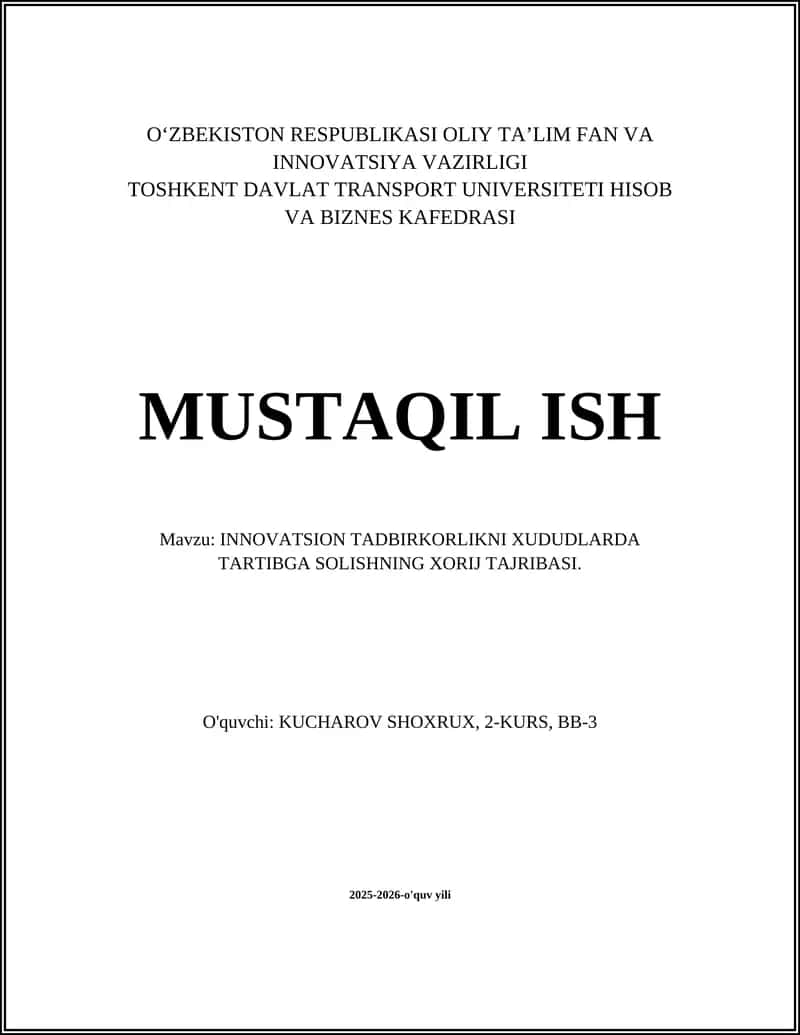 INNOVATSION TADBIRKORLIKNI XUDUDLARDA TARTIBGA SOLISHNING XORIJ TAJRIBASI 1
