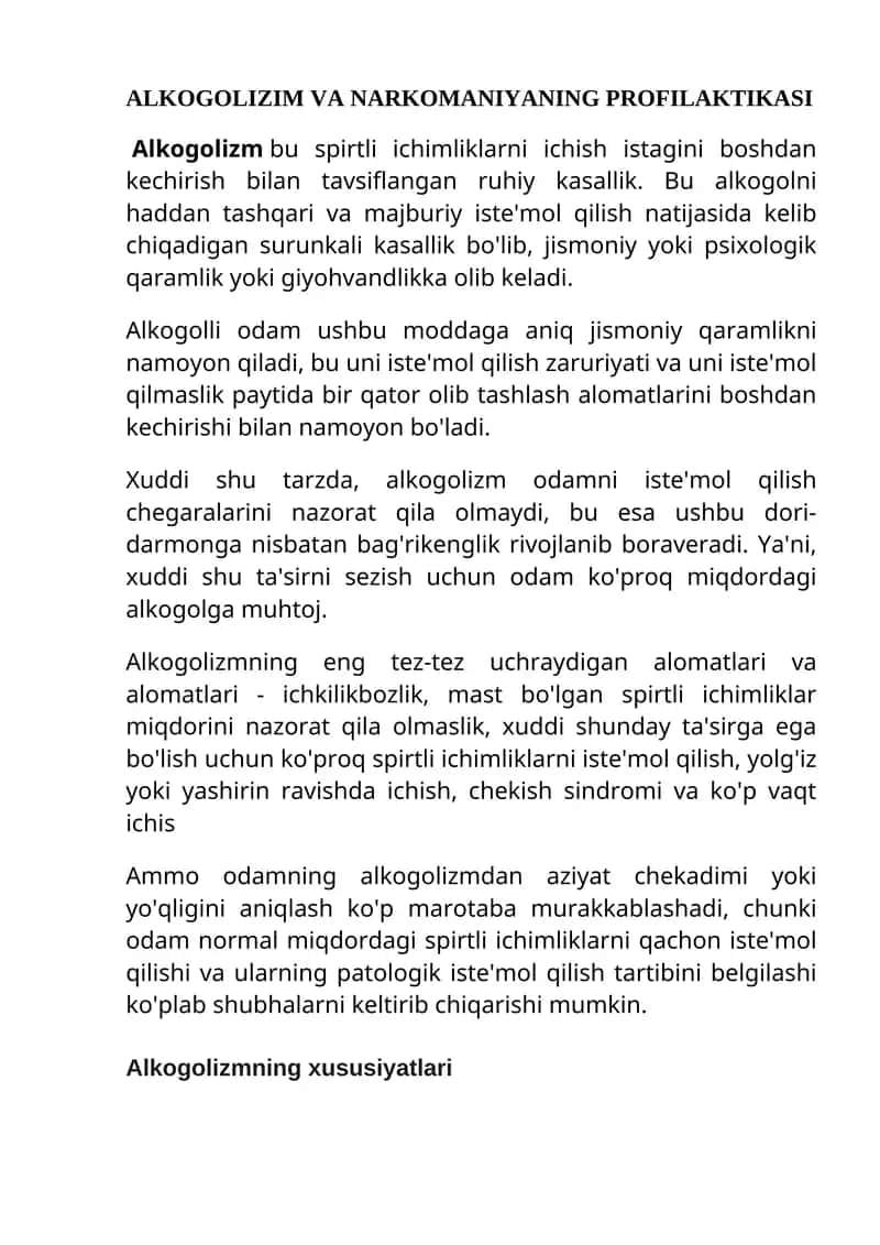 ALKOGOLIZIM VA NARKOMANIYANING PROFILAKTIKASI 1