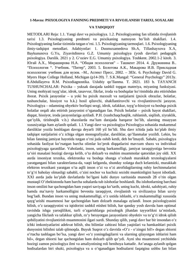 PSIXOLOGIYA FANINING PREDMETI VA RIVOJLANISH TARIXI, SOXALARI VA TADQIQOT METODLARI 1