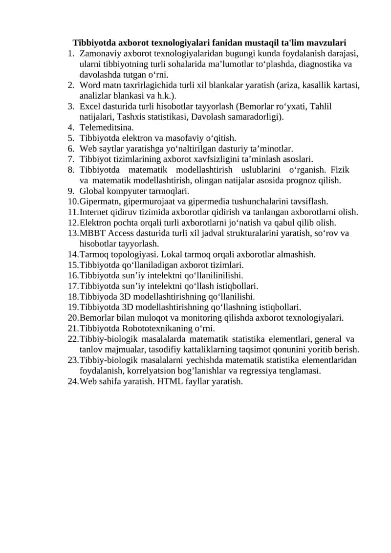 Tibbiyotda axborot texnologiyalari fanidan mustaqil ta'lim mavzulari 1