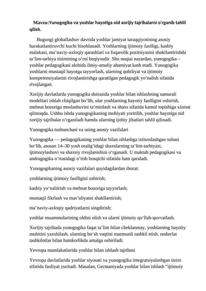 Yunogogika va yoshlar hayotiga oid xorijiy tajribalarni o'rganib tahlil qilish 1