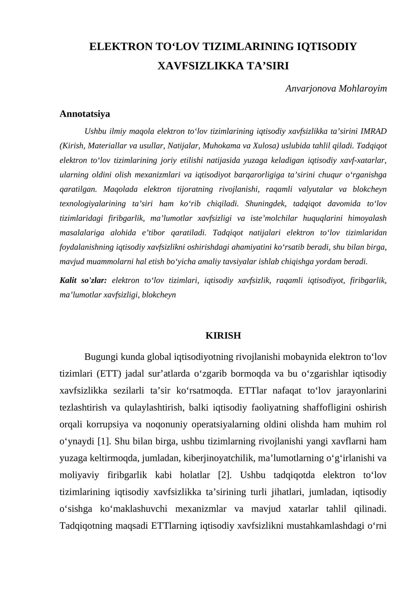 ELEKTRON TOʻLOV TIZIMLARINING IQTISODIY XAVFSIZLIKKA TAʼSIRI 1