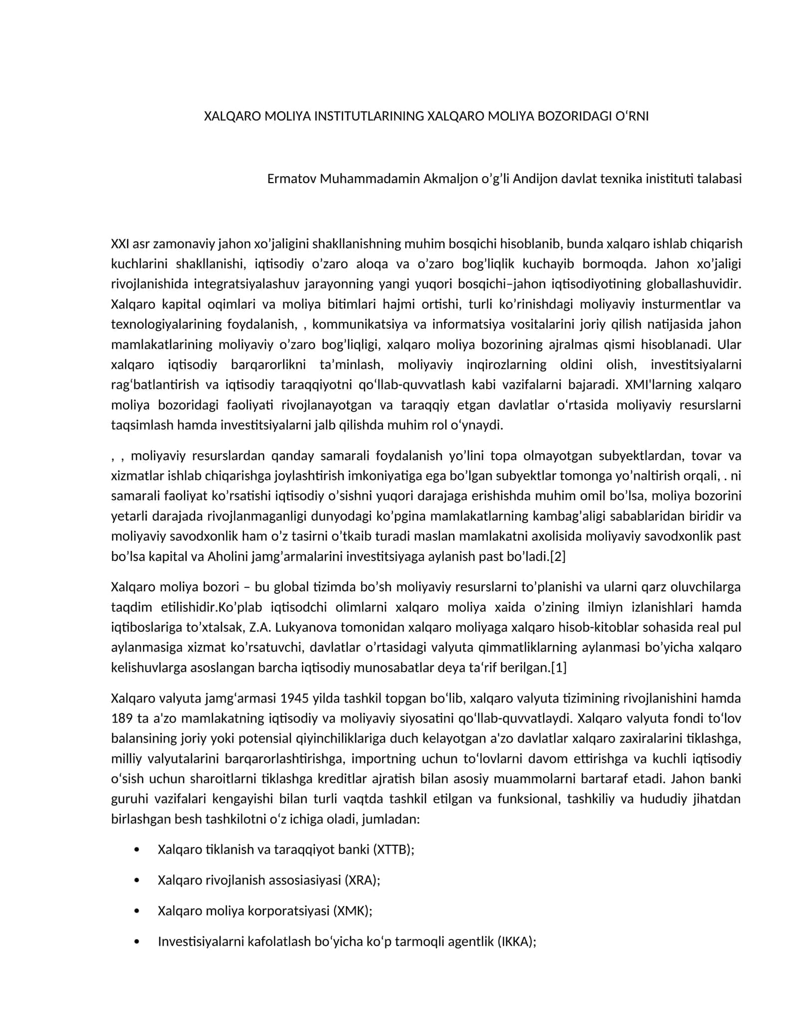XALQARO MOLIYA INSTITUTLARINING XALQARO MOLIYA BOZORIDAGI O‘RNI 1