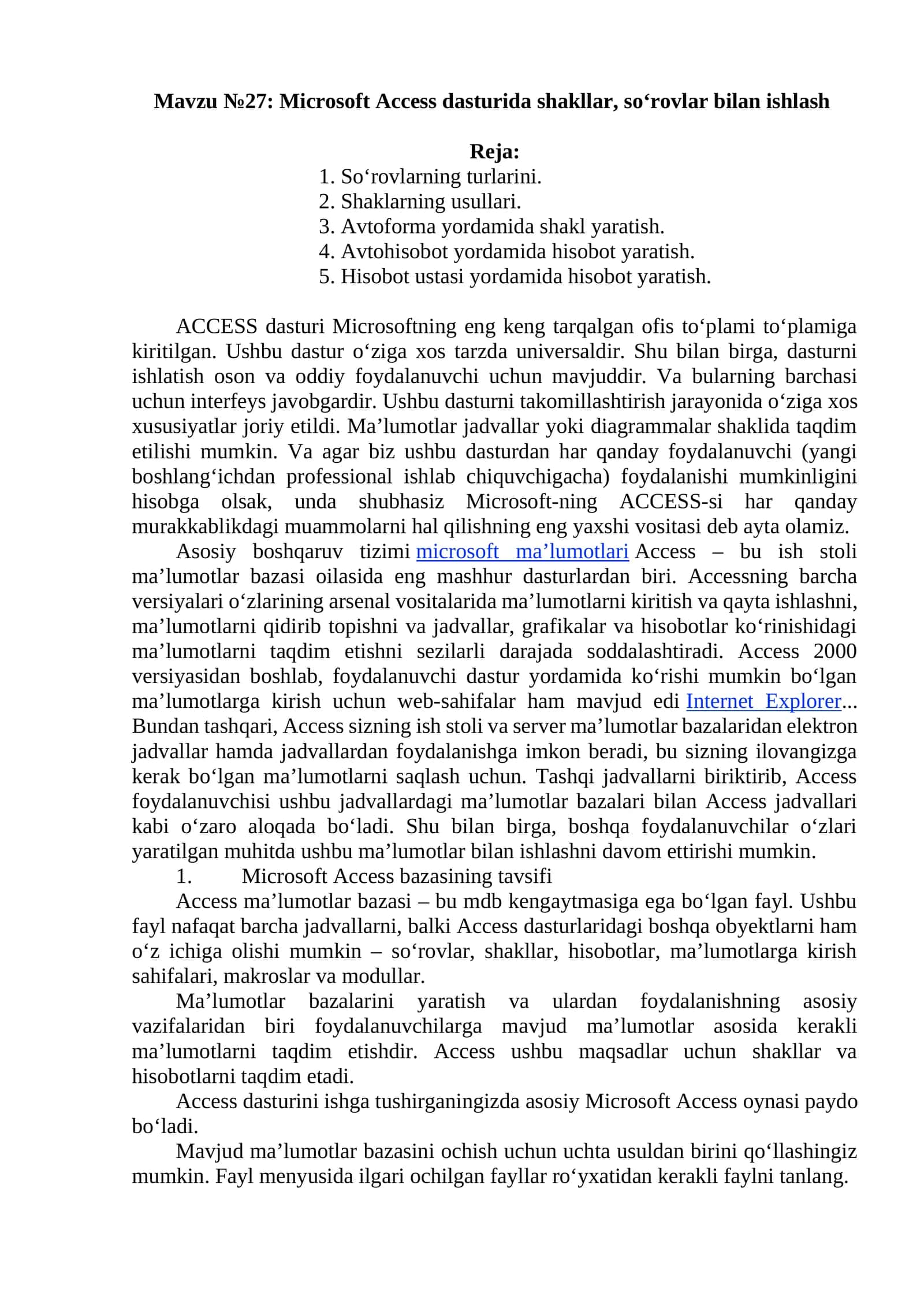 Microsoft Access dasturida shakllar, soʻrovlar bilan ishlash 1
