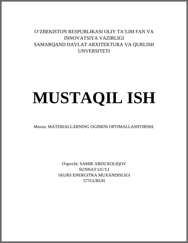 MATERIALLARNING OGIMINI OPTIMALLASHTIRISH 1