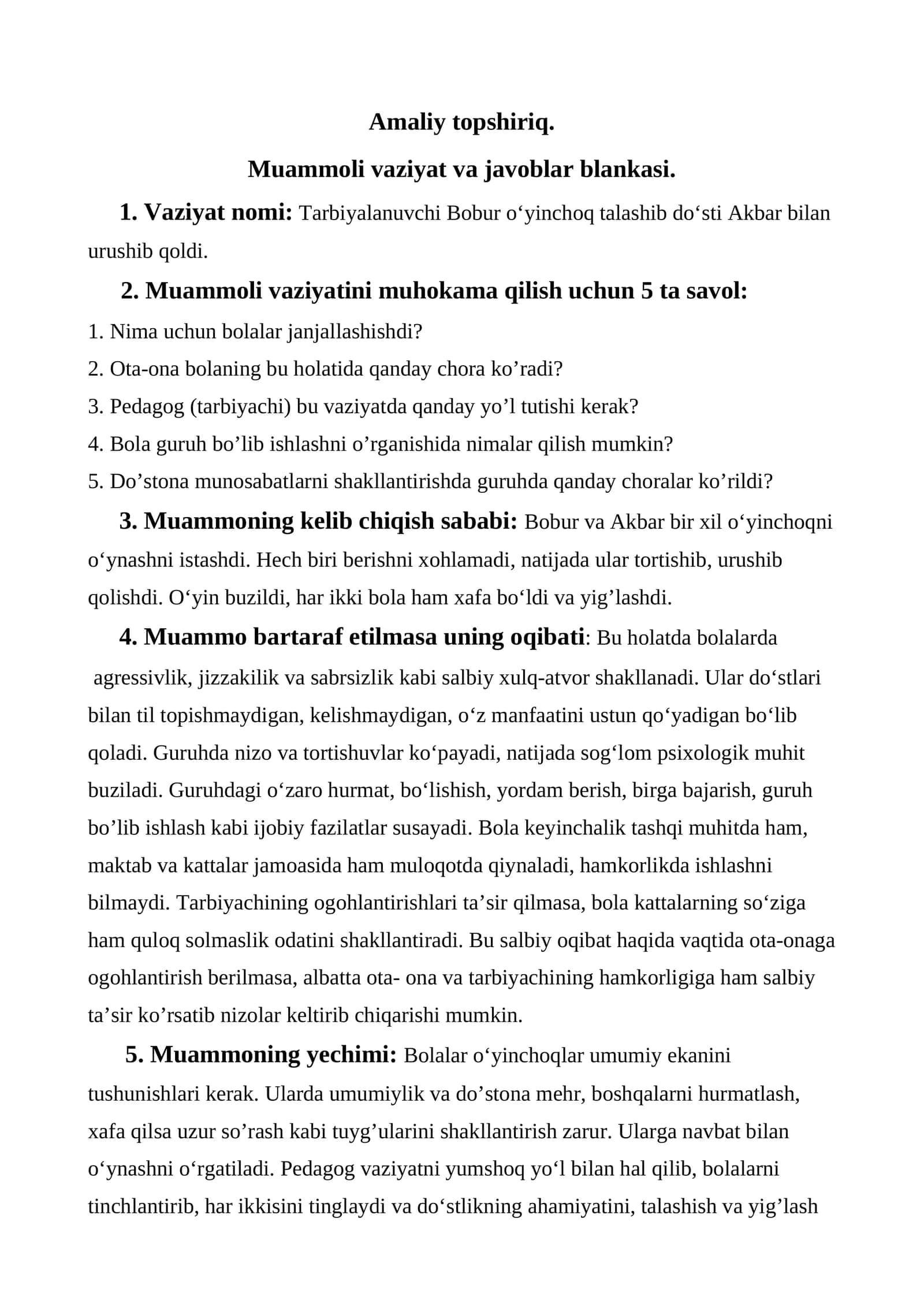 Muammoli vaziyat va javoblar blankasi. 1