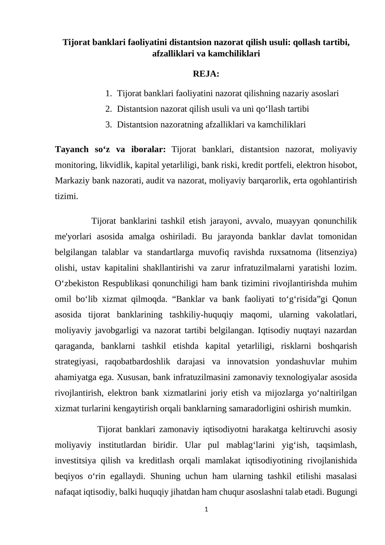 Tijorat banklari faoliyatini distantsion nazorat qilish usuli: qollash tartibi, afzalliklari va kamchiliklari 1