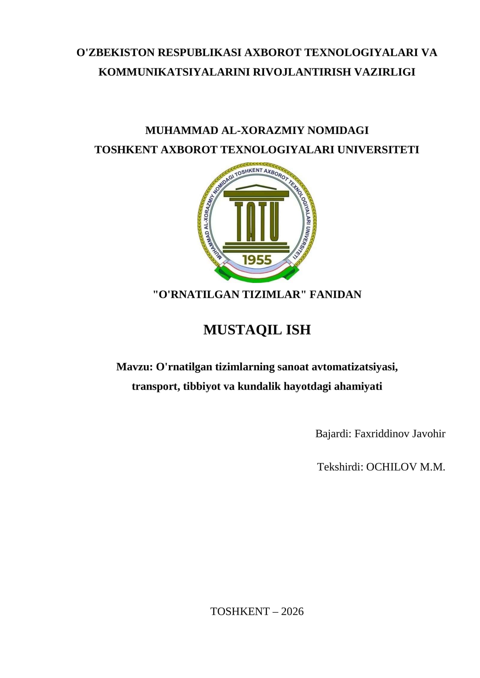 O'rnatilgan tizimlarning sanoat avtomatizatsiyasi 1