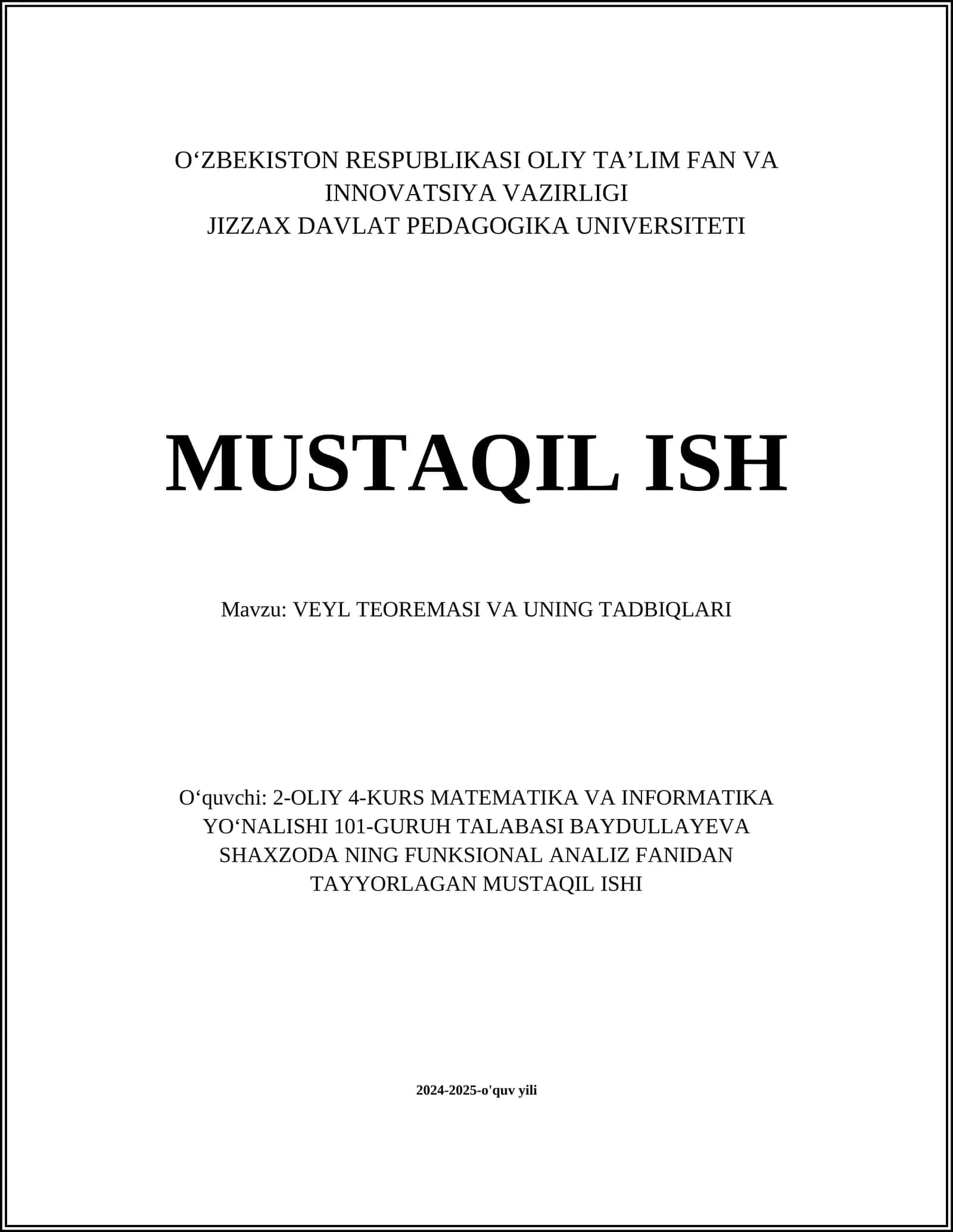 VEYL TEOREMASI VA UNING TADBIQLARI 1