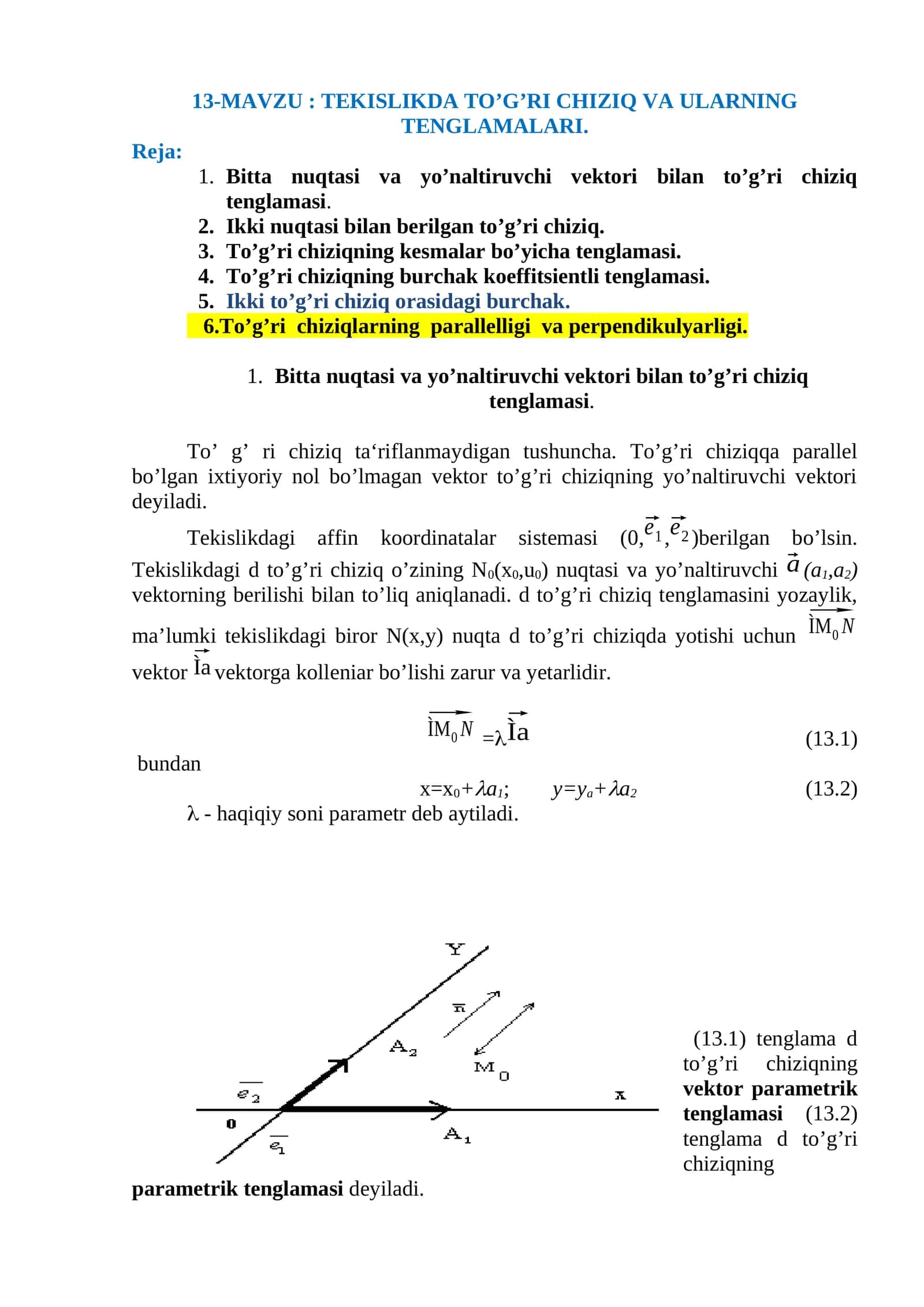 TEKISLIKDA TO’G’RI CHIZIQ VA ULARNING TENGLAMALARI 1