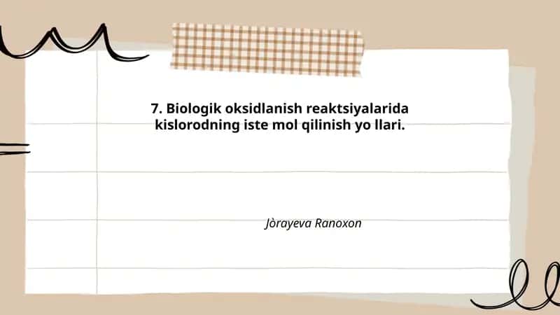 Biologik oksidlanish reaktsiyalarida kislorodning iste mol qilinish yo llari 1