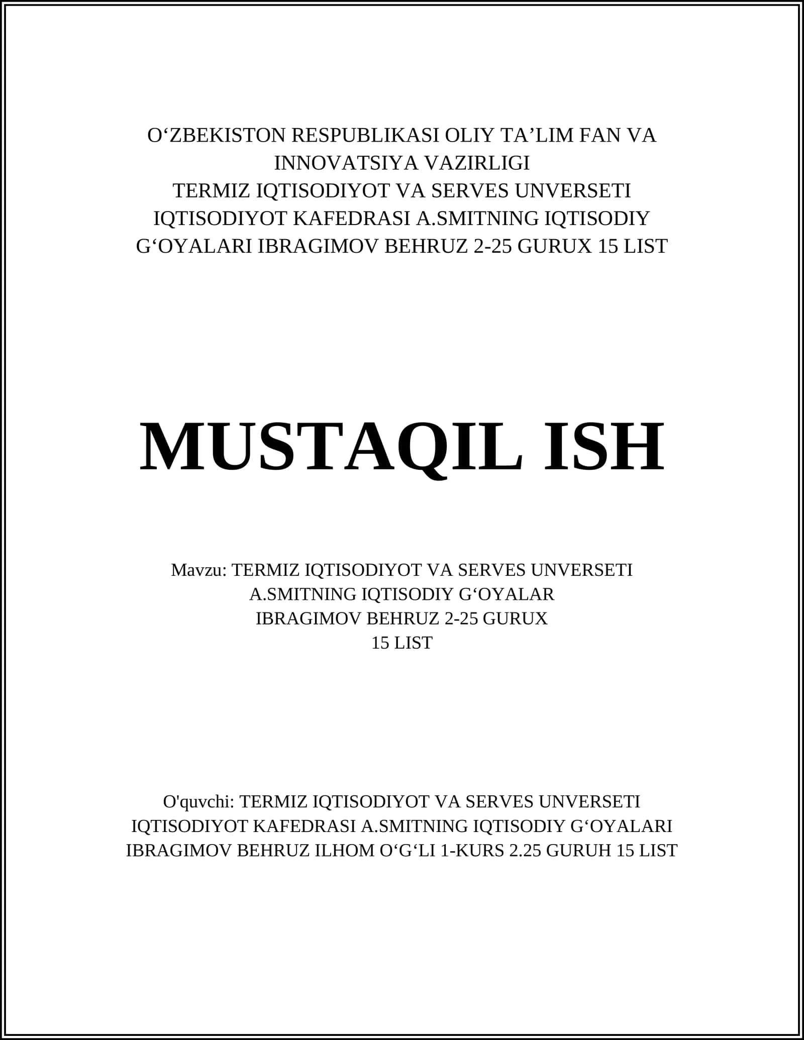 Adam Smitning iqtisodiy falsafasi va Termiz Iqtisodiyot va Servis Universitetida oʻqitilishi 1