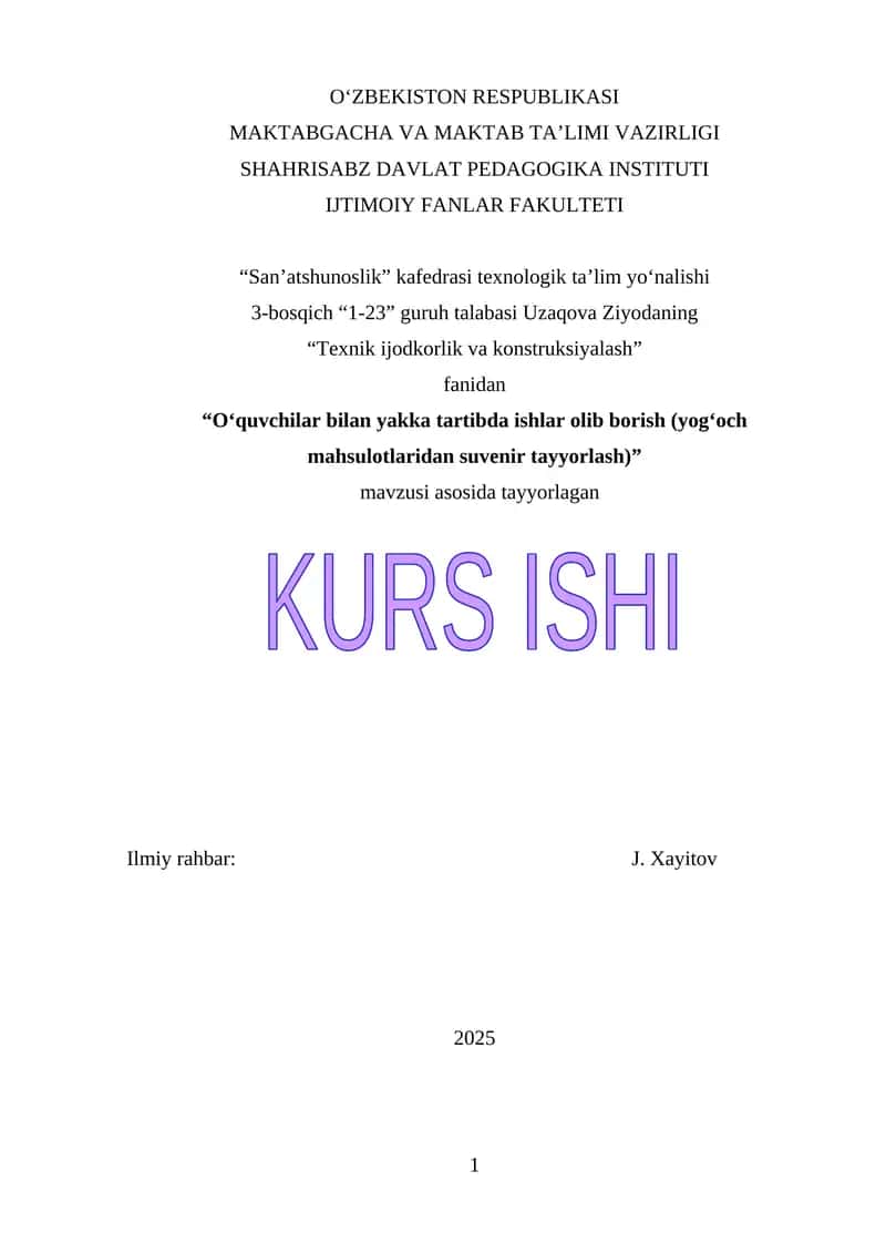 O‘quvchilar bilan yakka tartibda ishlar olib borish (yog‘och mahsulotlaridan suvenir tayyorlash) 1