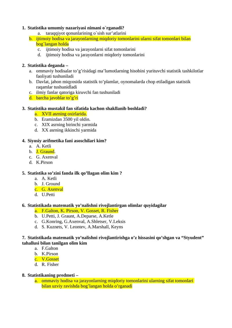 Statistika fanidan yakuniy test savollari javoblari bilan 1