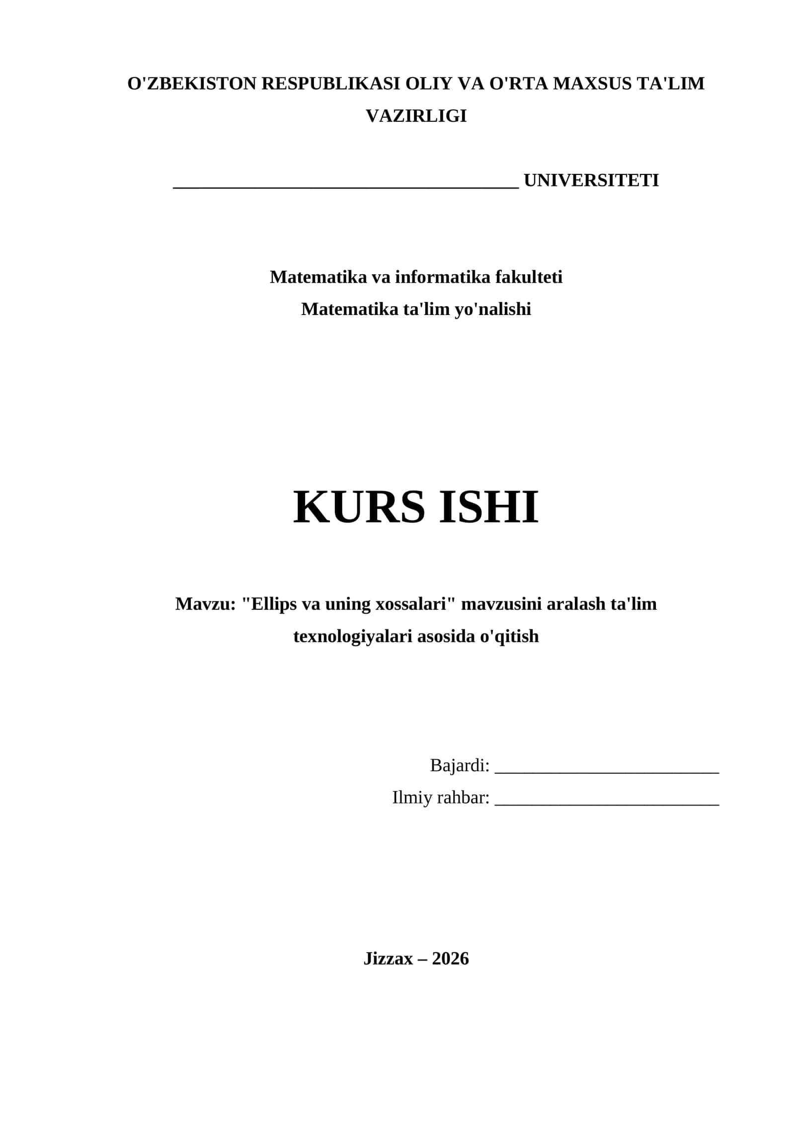 "Ellips va uning xossalari" mavzusini aralash ta'lim texnologiyalari asosida o'qitish 1