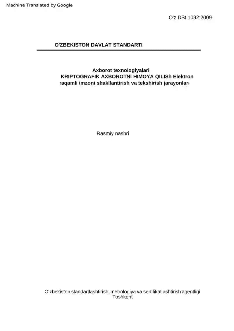 O'z DSt 1092:2009 Axborot texnologiyalari KRIPTOGRAFIK