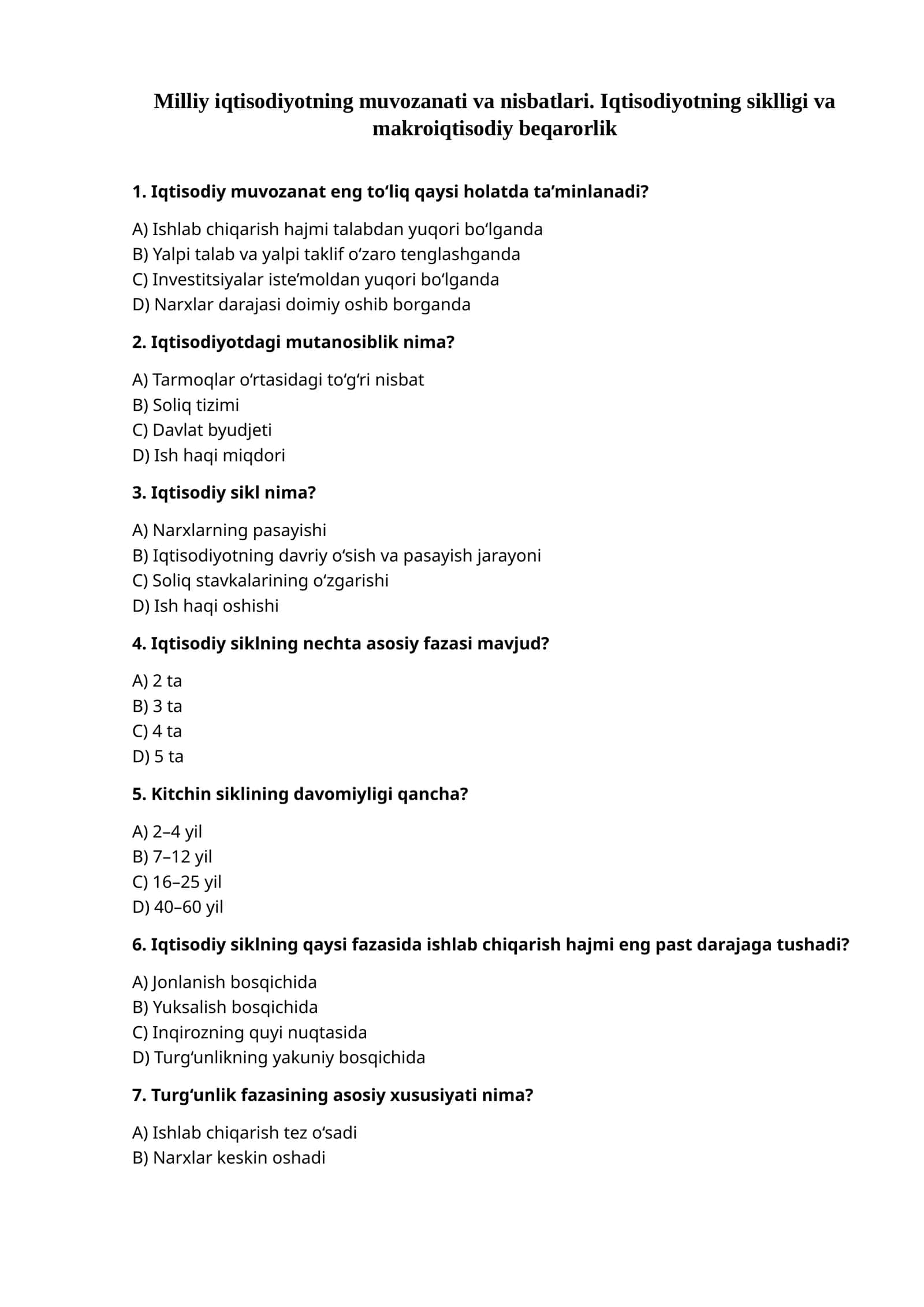 Milliy iqtisodiyotning muvozanati va nisbatlari. Iqtisodiyotning siklligi va makroiqtisodiy beqarorlik 1