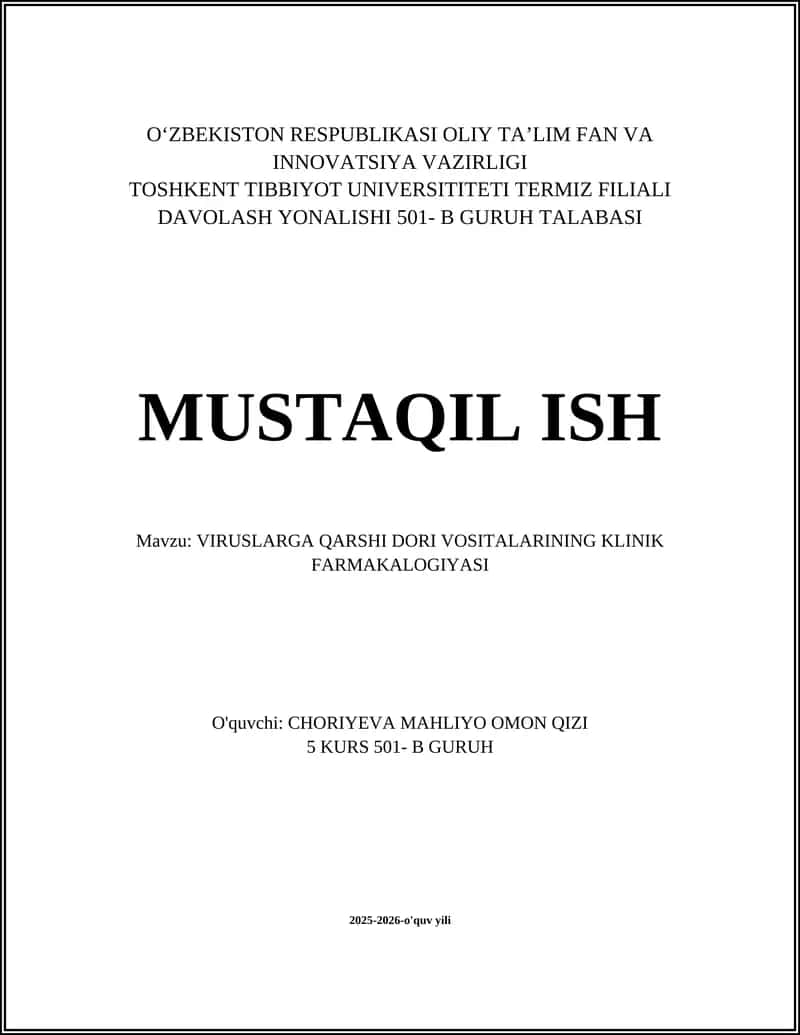 VIRUSLARGA QARSHI DORI VOSITALARINING KLINIK FARMAKALOGIYASI 1