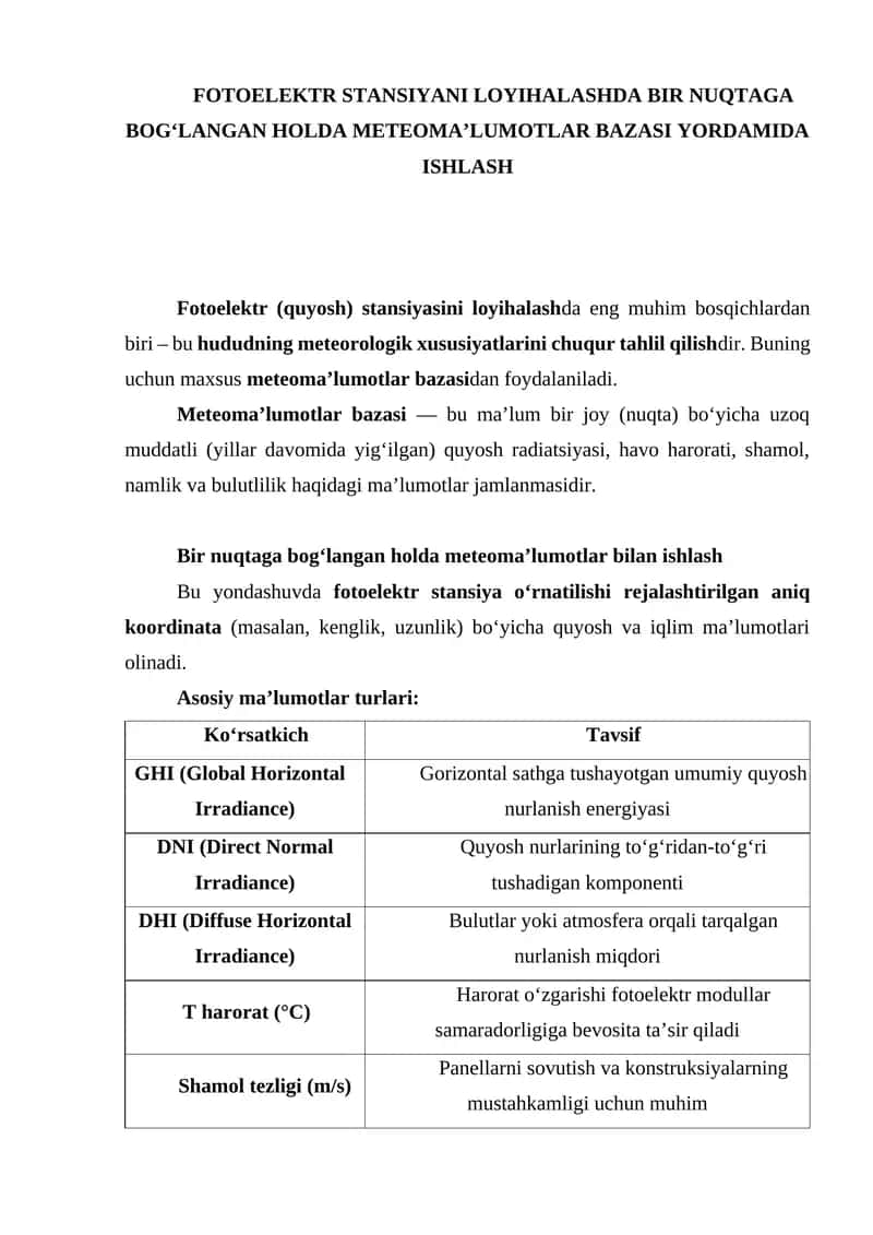 FOTOELEKTR STANSIYANI LOYIHALASH