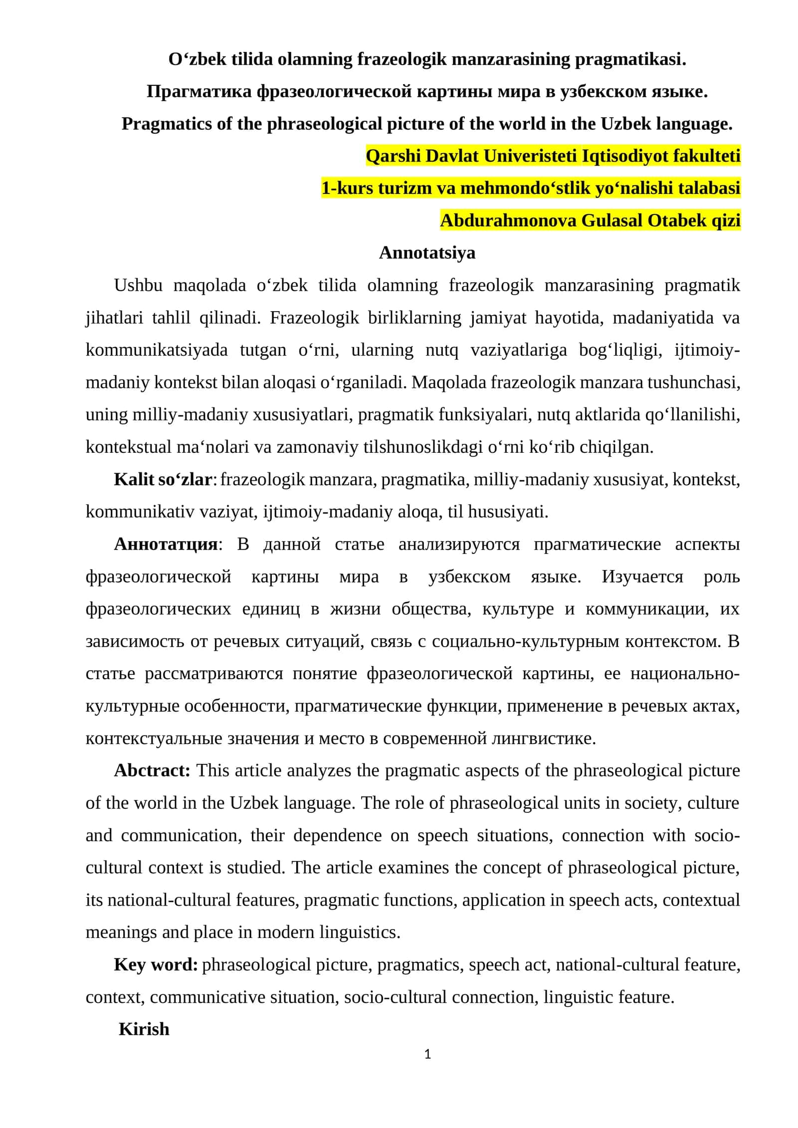 O‘zbek tilida olamning frazeologik manzarasining pragmatikasi 1