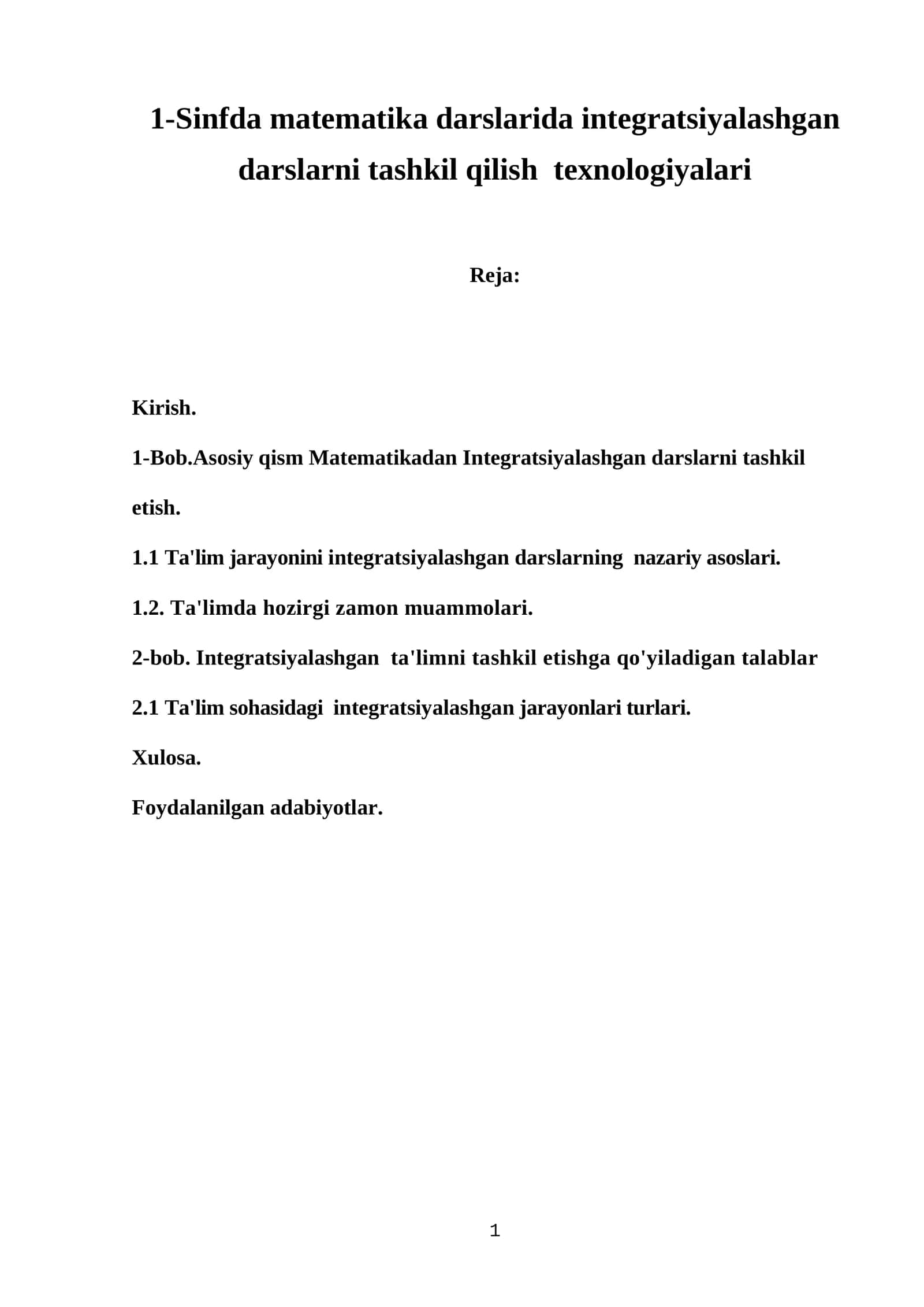 1-Sinfda matematika darslarida integratsiyalashgan darslarni tashkil qilish texnologiyalari 1