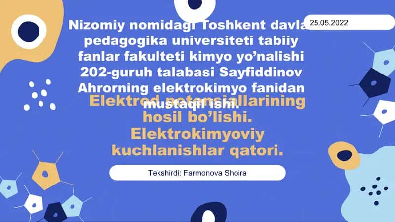 Elektrod potensiallarining hosil bo’lishi, Elektrodpotensiallarining hosil bo’lishi, kimyoviy protsesslar elekrtokimyoviy protsesslar deyiladi. 1