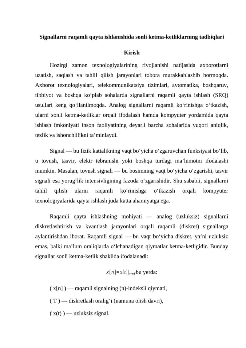 signallarni raqamli qayta ishlanishida sonli ketma ketliklarning tadbiqlari 1