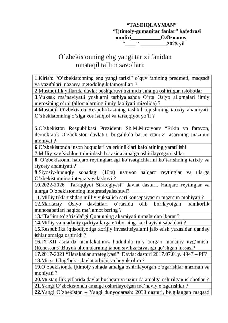 O`zbekistonning ehg yangi tarixi fanidan mustaqil ta`lim savollari 1