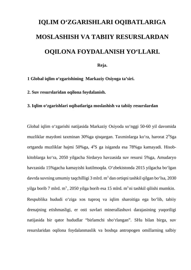 IQLIM O‘ZGARISHLARI OQIBATLARIGA MOSLASHISH VA TABIIY RESURSLARDAN OQILONA FOYDALANISH YO‘LLARI 1
