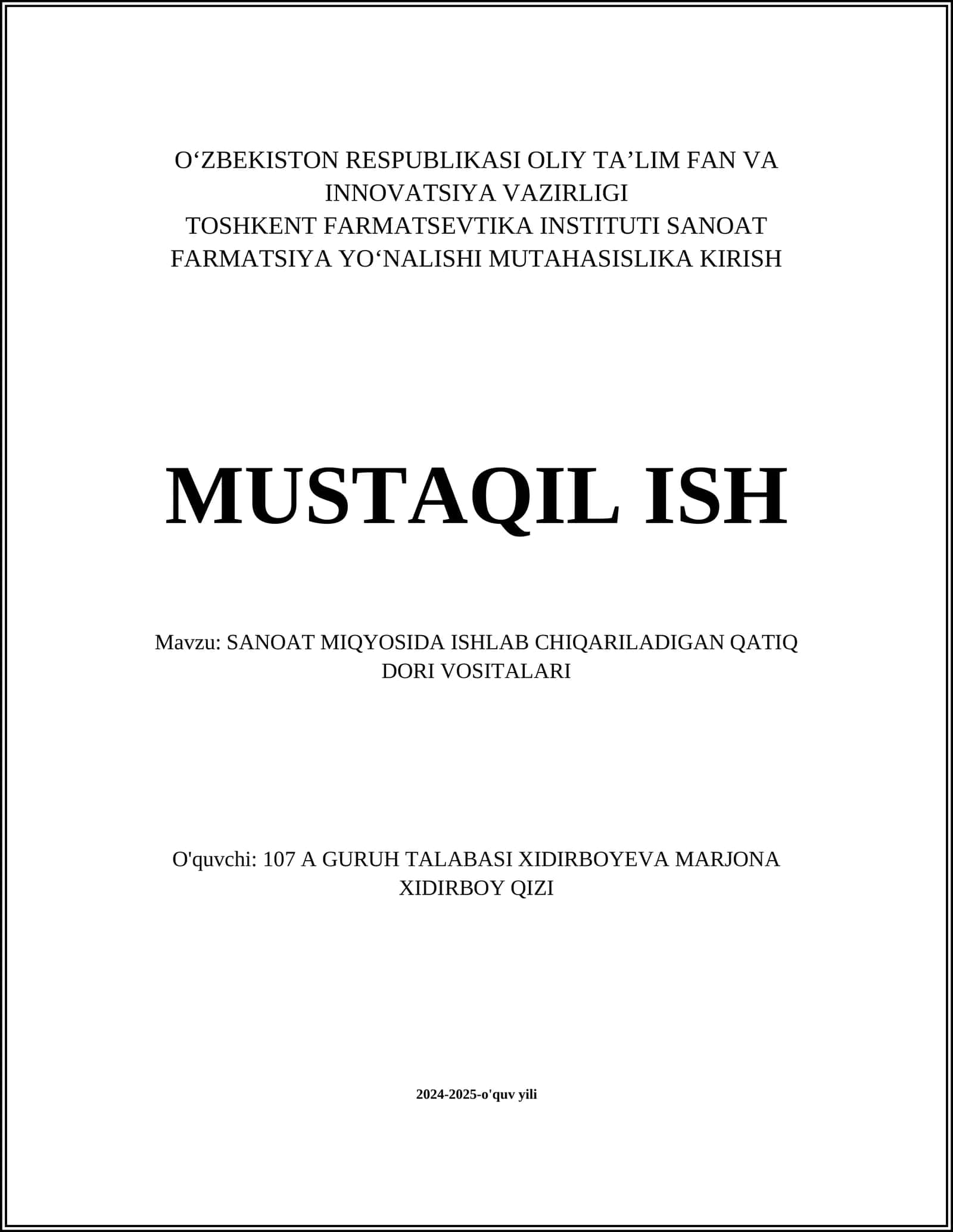 SANOAT MIQYOSIDA ISHLAB CHIQARILADIGAN QATIQ DORI VOSITALARI 1