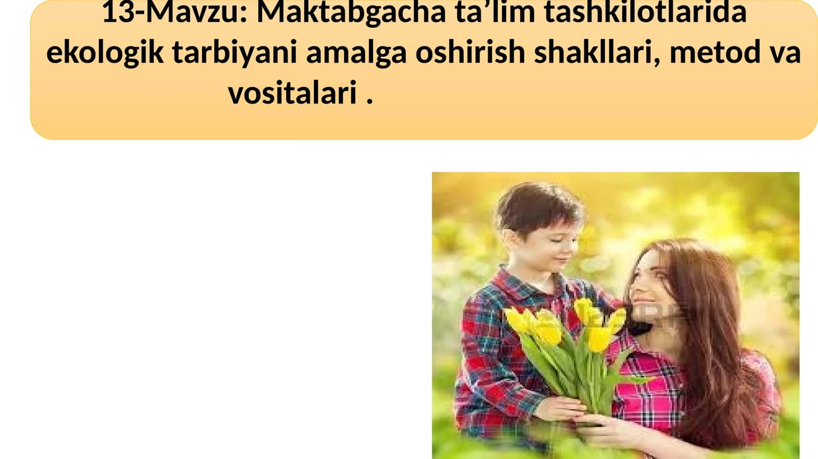 13-Mavzu: Maktabgacha ta’lim tashkilotlarida ekologik tarbiyani amalga oshirish shakllari, metod va vositalari 1