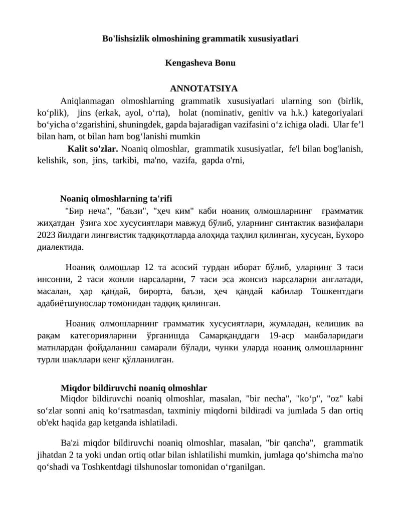Bo'lishsizlik olmoshining grammatik xususiyatlari 1