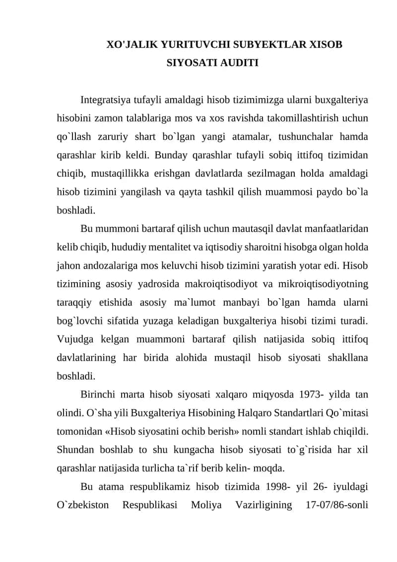 XO'JALIK YURITUVCHI SUBYEKTLAR XISOB SIYOSATI AUDITI 1