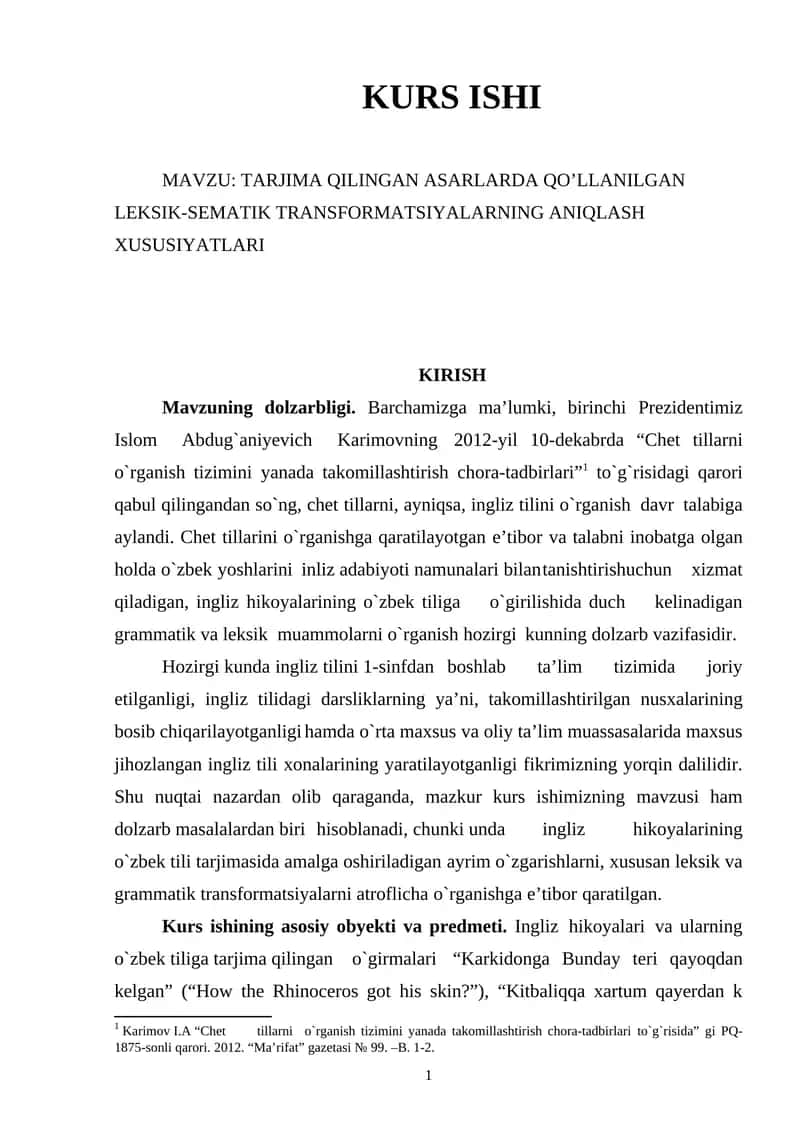 TARJIMA QILINGAN ASARLARDA QO’LLANILGAN LEKSIK-SEMATIK TRANSFORMATSIYALARNING ANIQLASH XUSUSIYATLARI 1