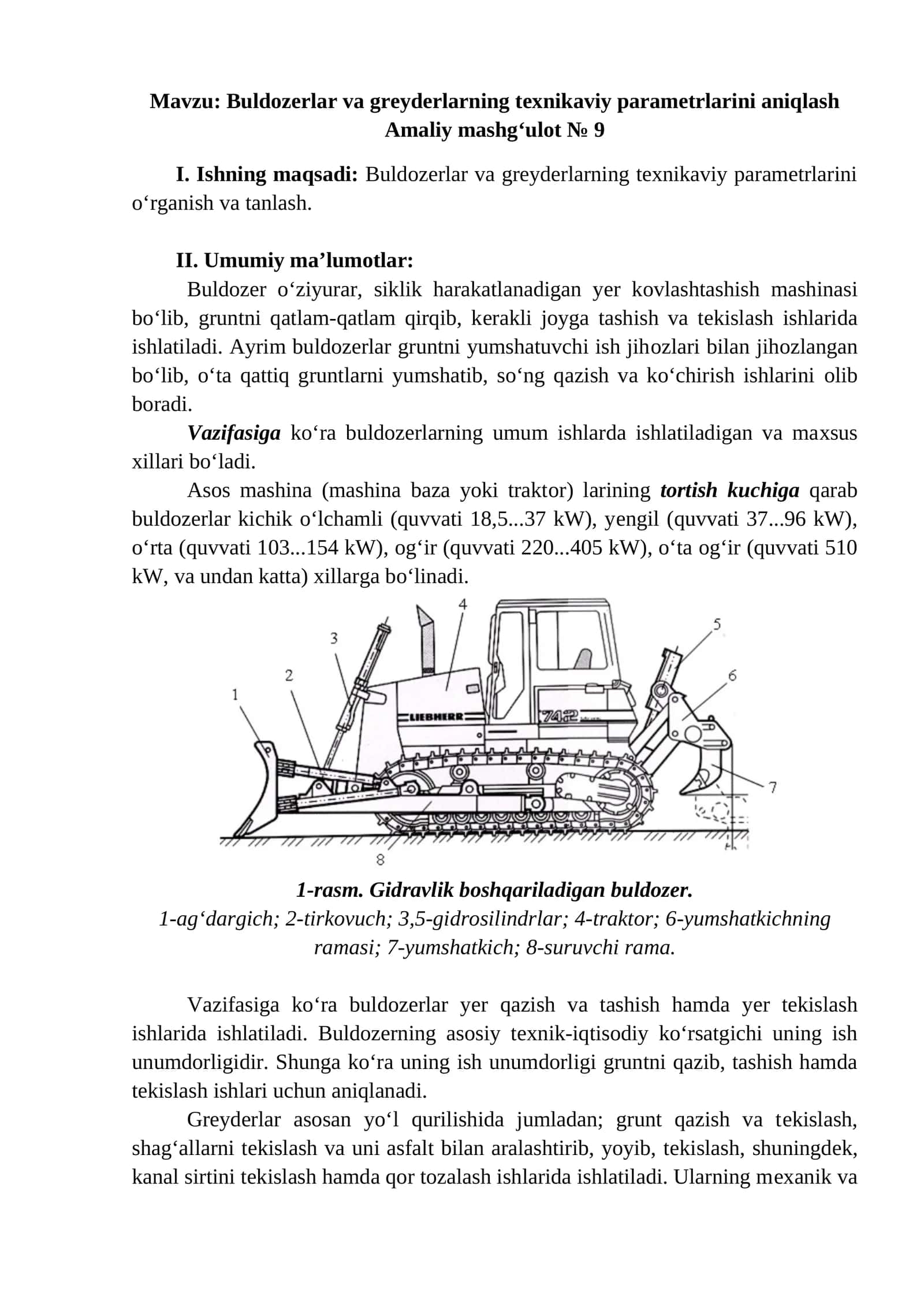 Buldozerlar va greyderlarning texnikaviy parametrlarini aniqlash 1