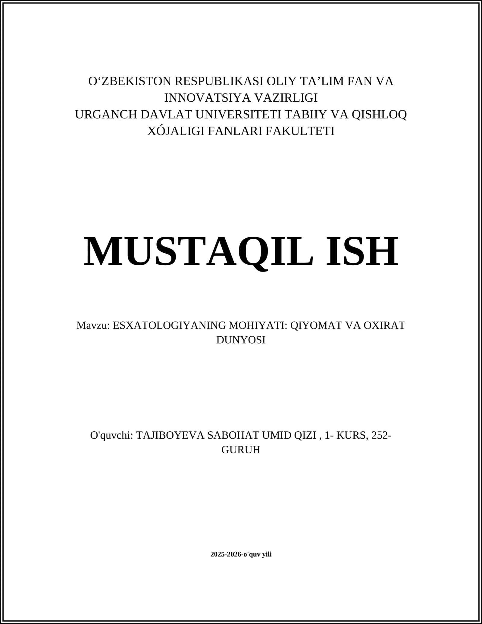 ESXATOLOGIYANING MOHIYATI: QIYOMAT VA OXIRAT DUNYOSI 1